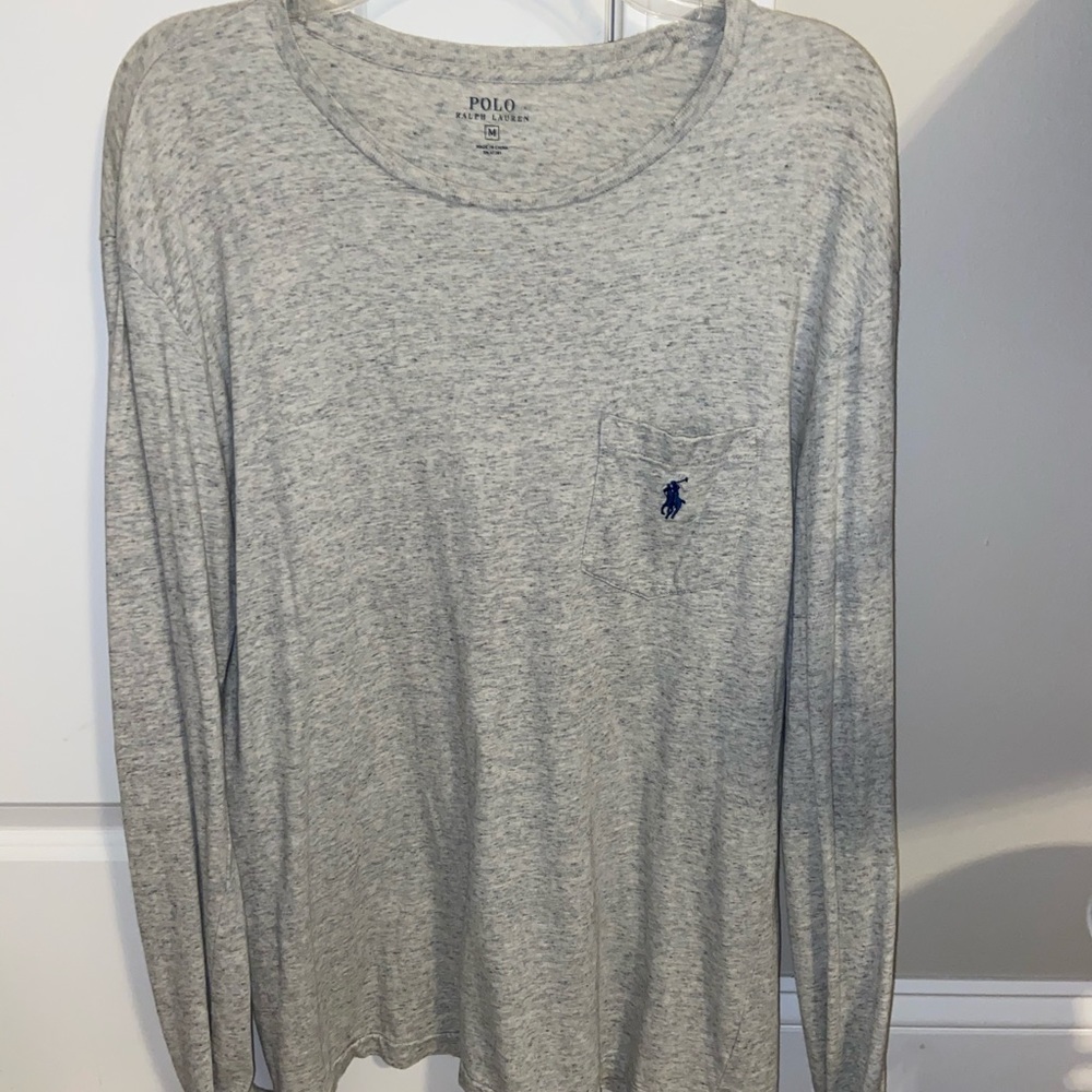 Men’s Polo Long Sleeve Shirt (Grey/White) Medium